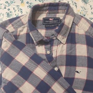 Vineyard Vines Men's Blue and White Plaid Shirt